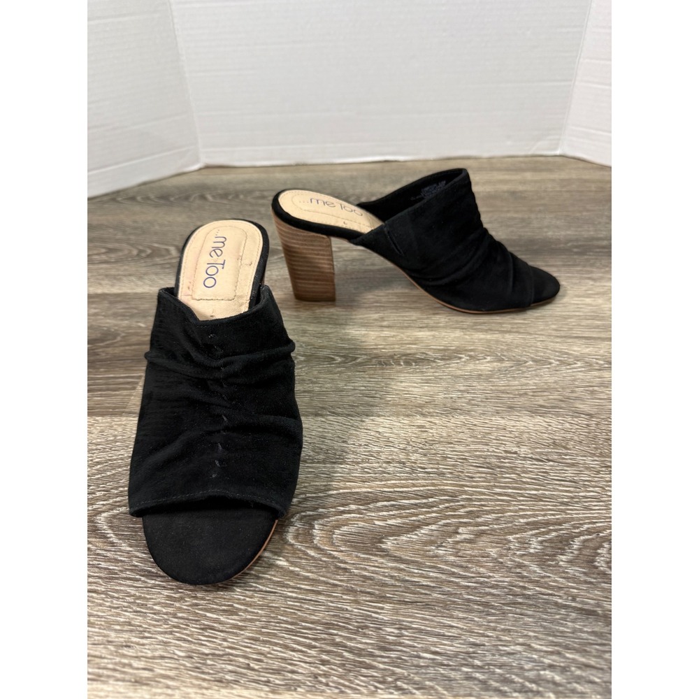 Me Too Sandals‎ Women's 8.5 Black Suede Ruched Peep Toe Mules Stacked Block Heel